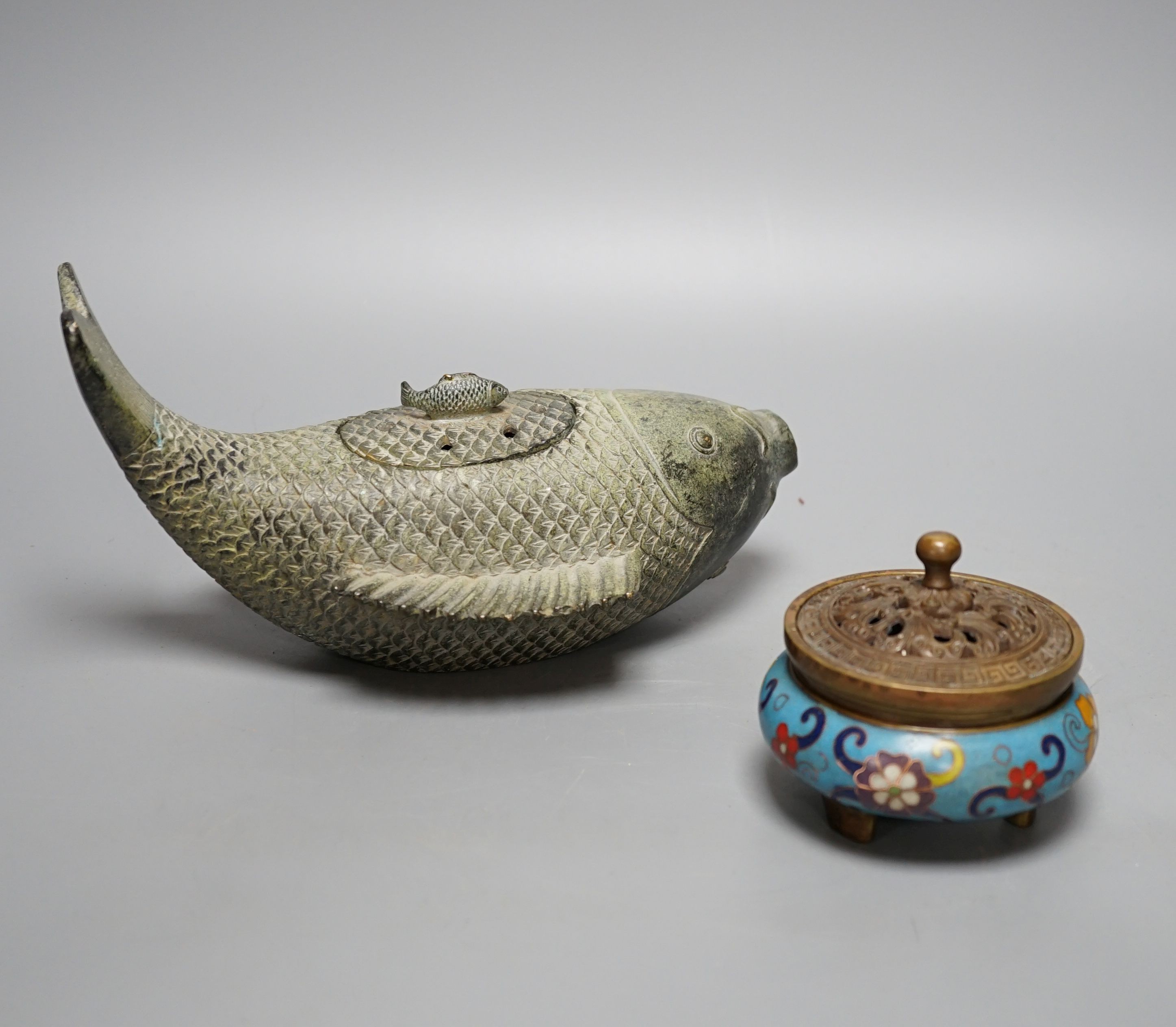 A Chinese cloisonne enamel censer and cover and a bronze fish censer 23cm